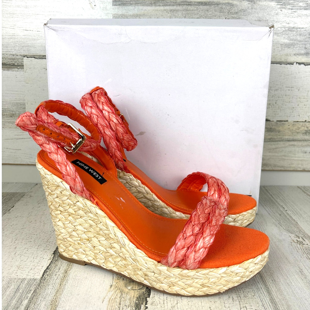 Nine West Womens 10 Orange Henri Espadrille Woven Wedge Sandals NWT